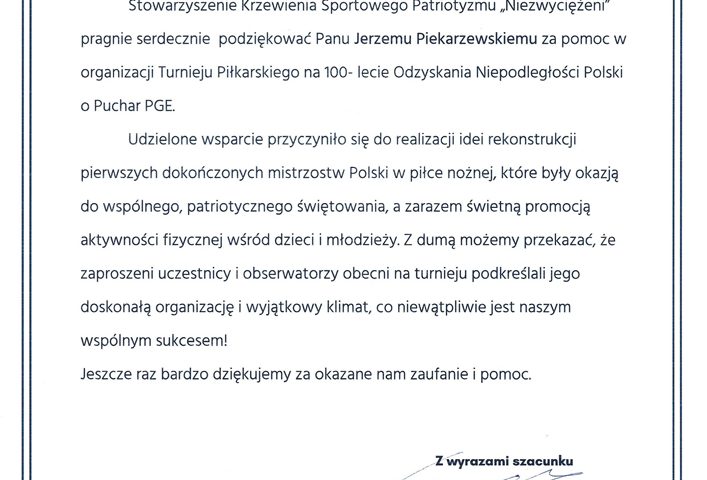 Podziękowania od SKSP „Niezwyciężeni”
